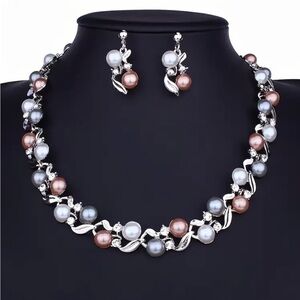 Elegant Silver and Pink color Imitation Pearl Necklace Set